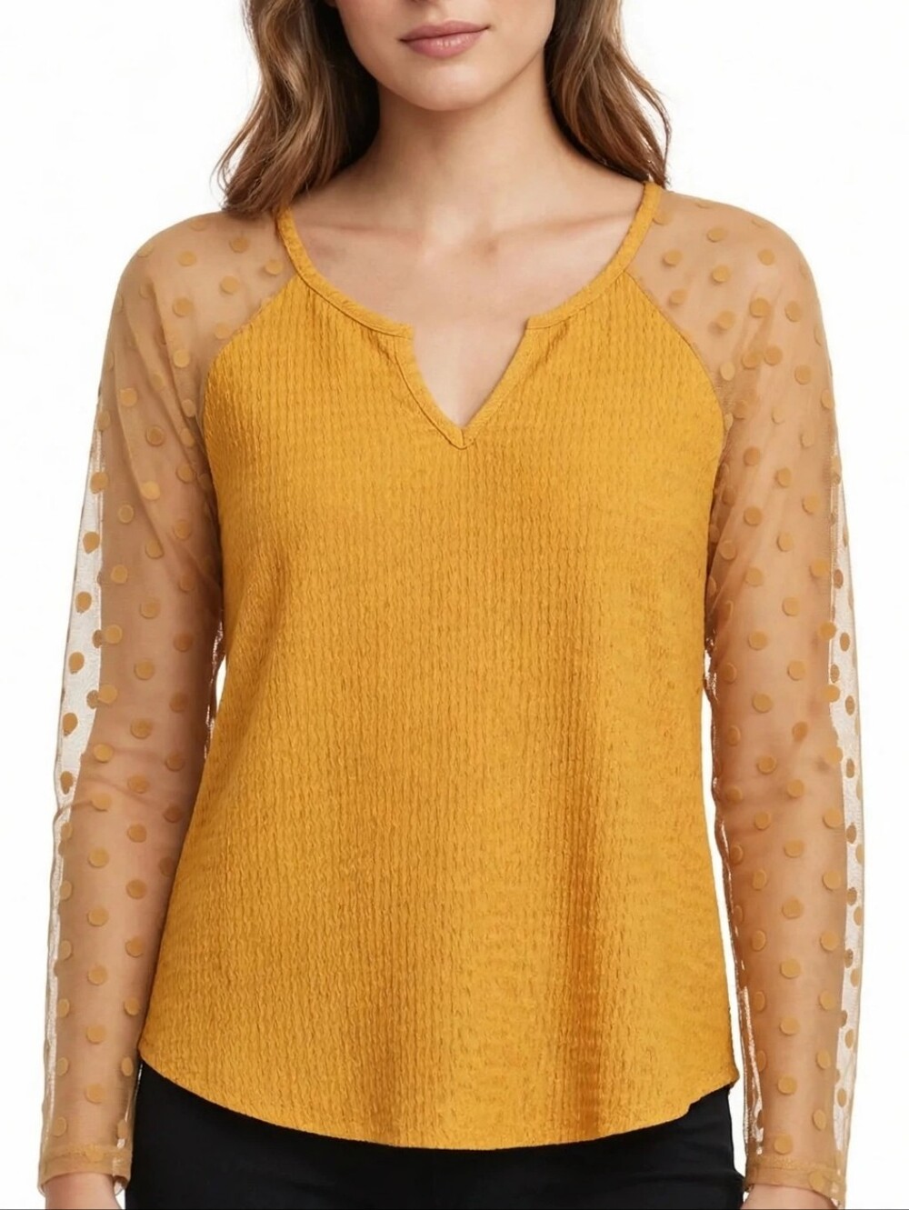 Royal Women's Mustard Yellow Blouse Mesh Polka Dot Long Sleeve V-Neck Size 1X